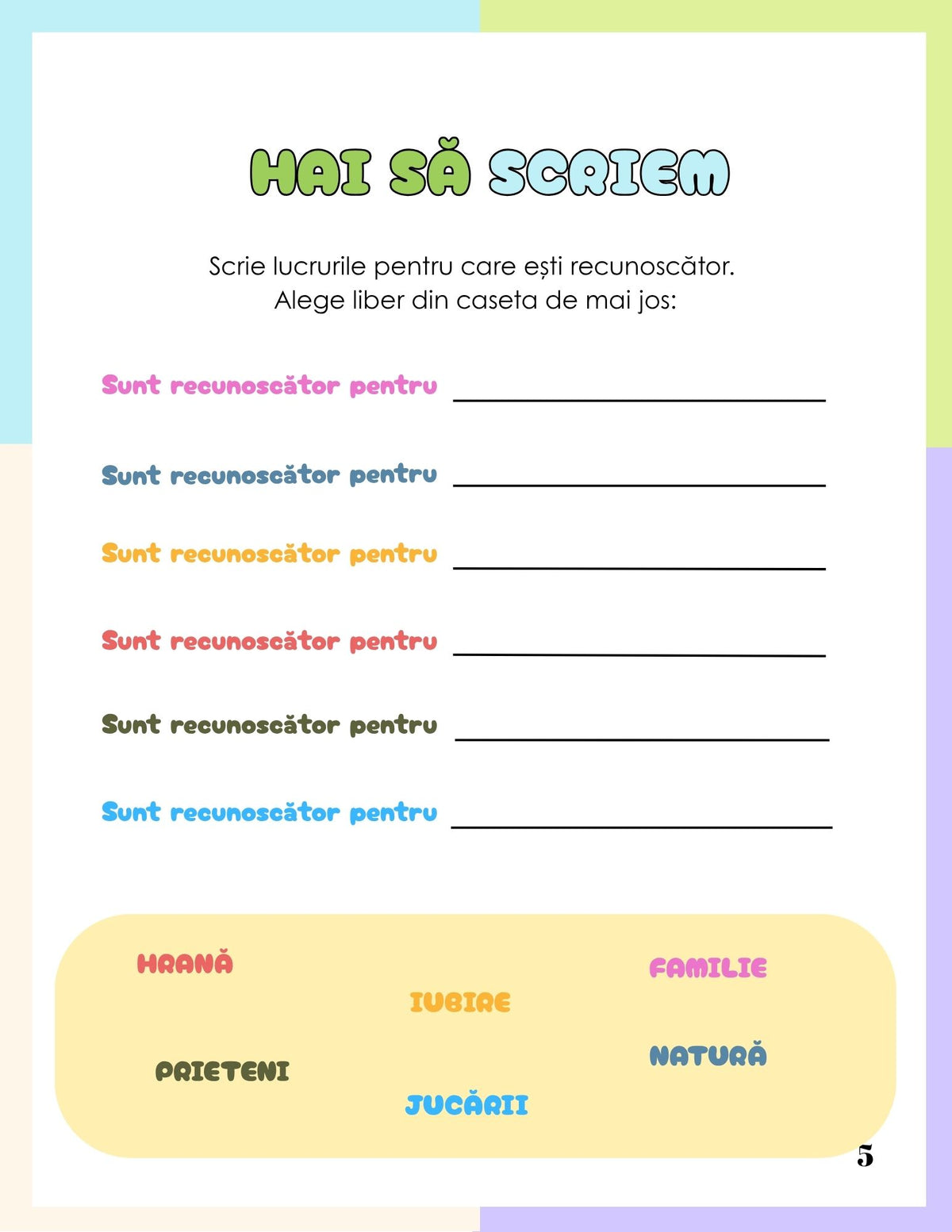 Interior carte PDF cu afirmații pozitive pentru copii, exerciții de recunoștință, reflecție și spații imprimabile pentru scris și desen – Cotomag