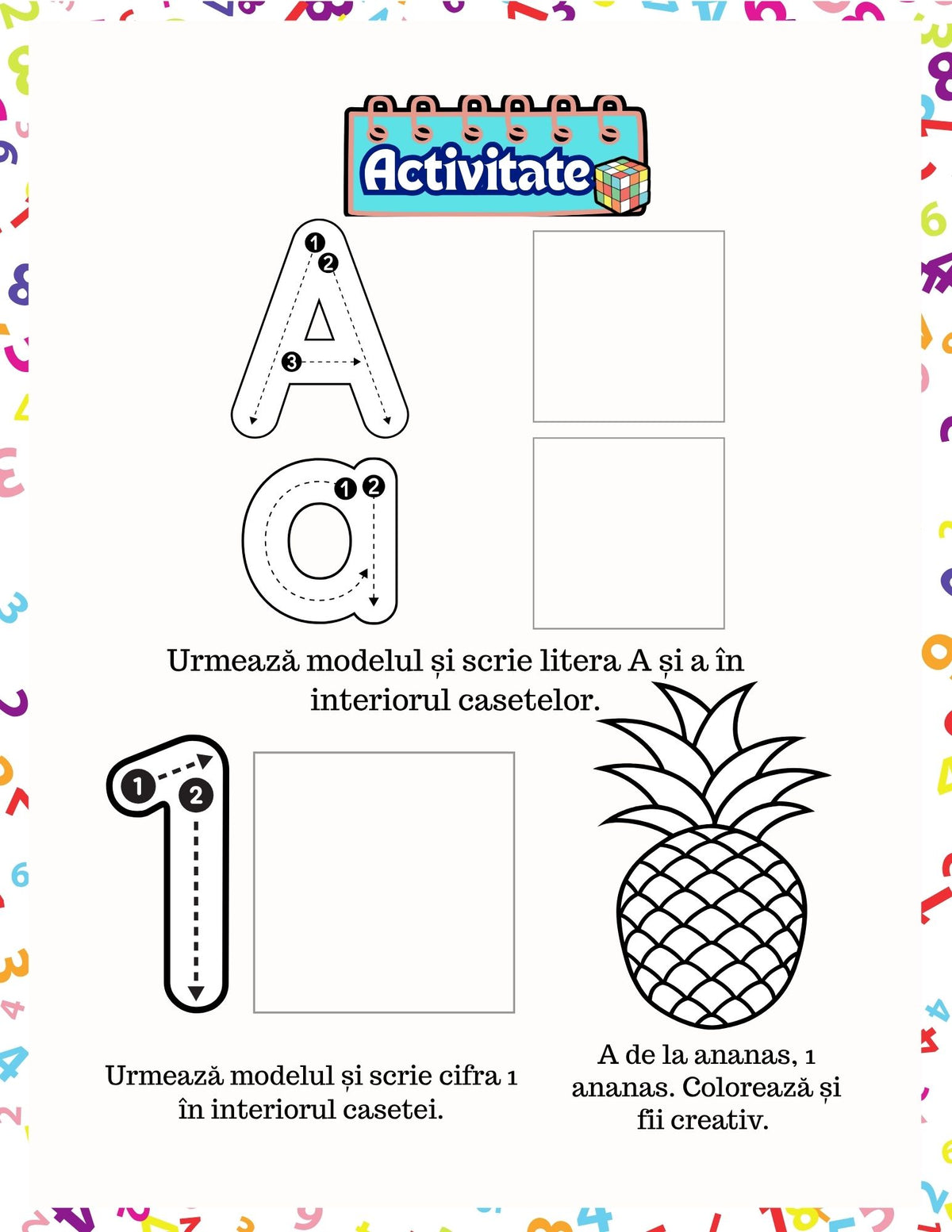 Interior carte cu activități PDF pentru copii, cu exerciții imprimabile pentru recunoașterea literelor și numerelor – Cotomag