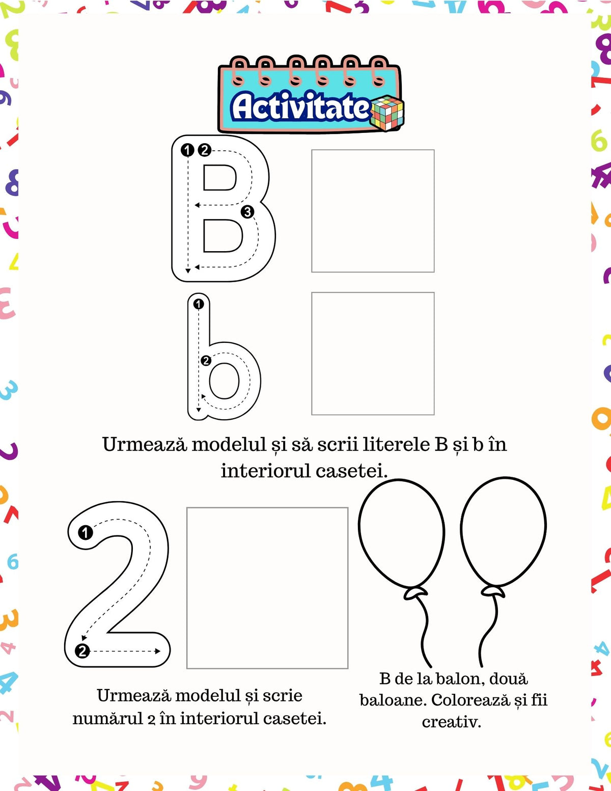 Interior carte cu activități PDF pentru copii, cu exerciții imprimabile pentru recunoașterea literelor și numerelor – Cotomag