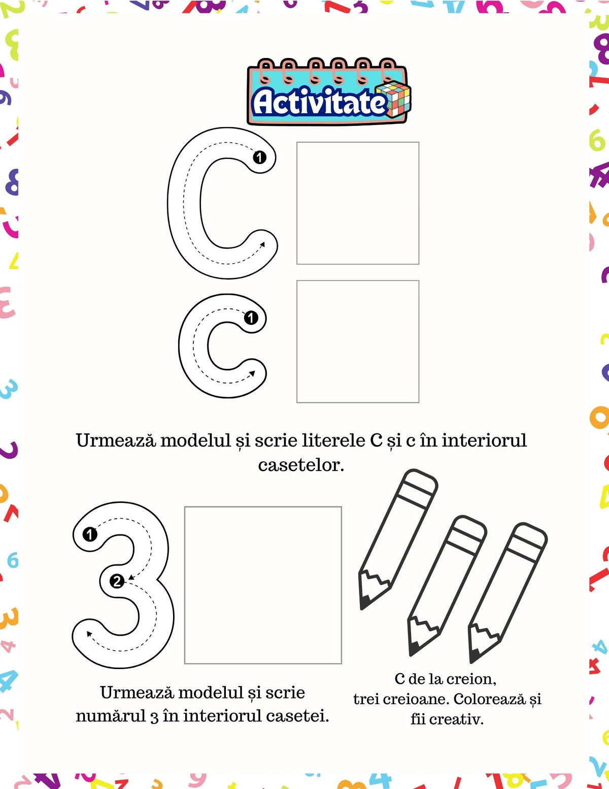 Interior carte cu activități PDF pentru copii, cu exerciții imprimabile pentru recunoașterea literelor și numerelor – Cotomag