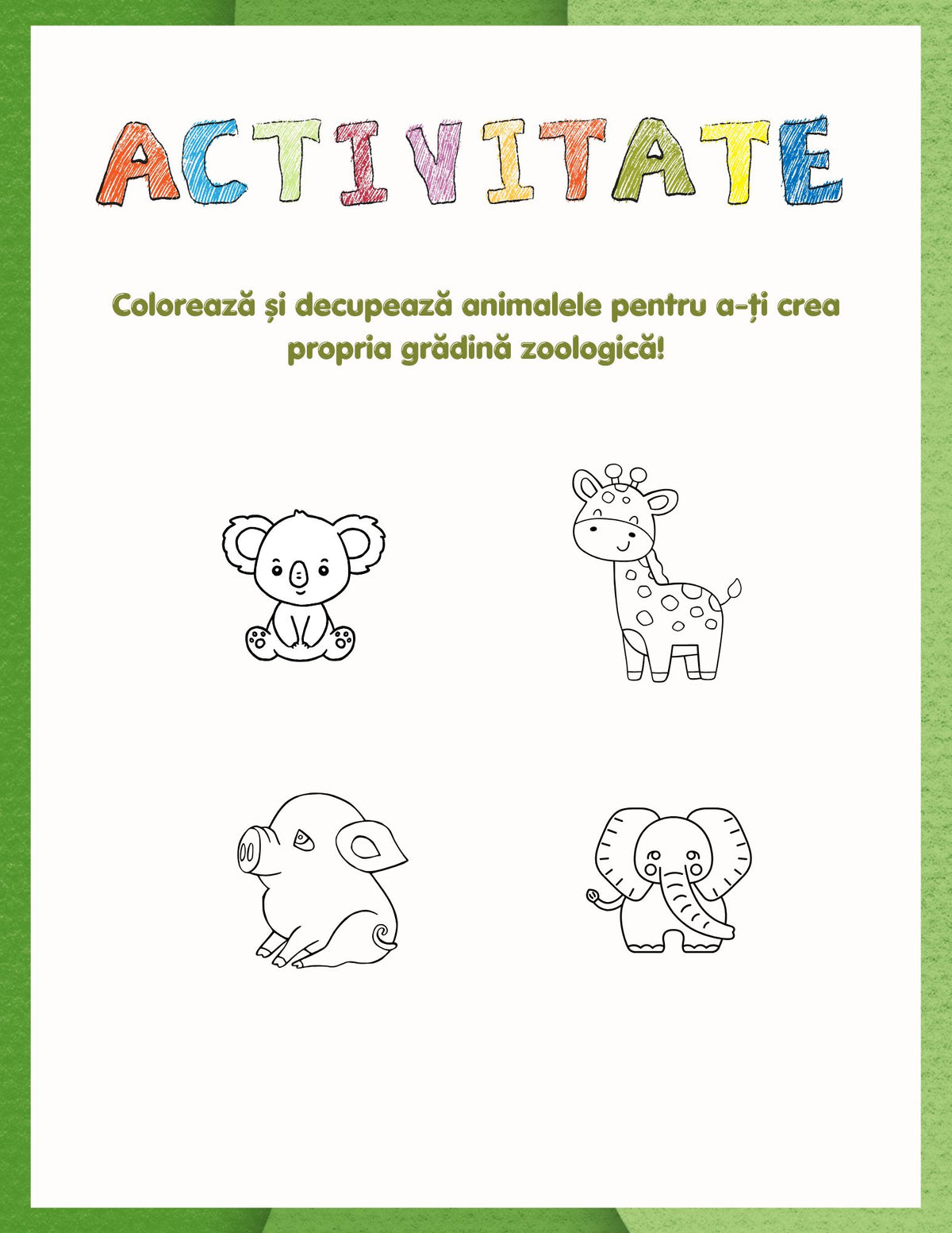 Interior carte PDF cu activități imprimabile de decupat, colorat și lipit pentru copii – Cotomag