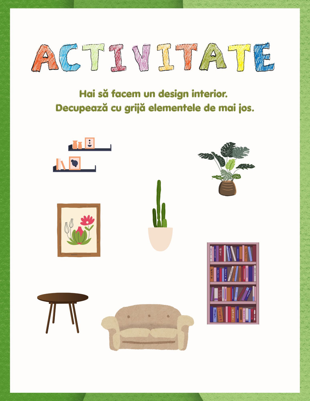 Interior carte PDF cu activități imprimabile de decupat, colorat și lipit pentru copii – Cotomag