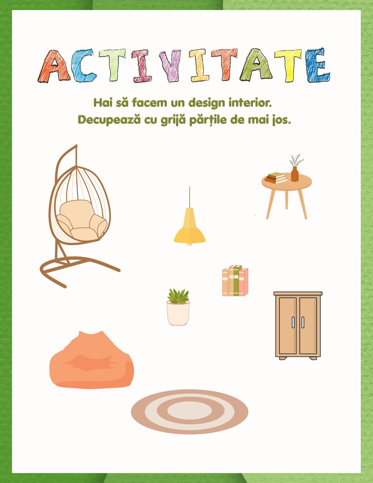 Interior carte PDF cu activități imprimabile de decupat, colorat și lipit pentru copii – Cotomag