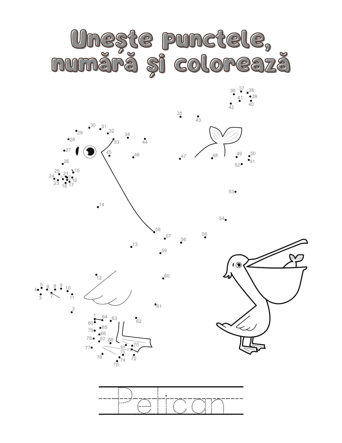 Activitate PDF imprimabilă pentru copii: unește punctele în ordine, colorează animalul și trasează denumirea – Cotomag