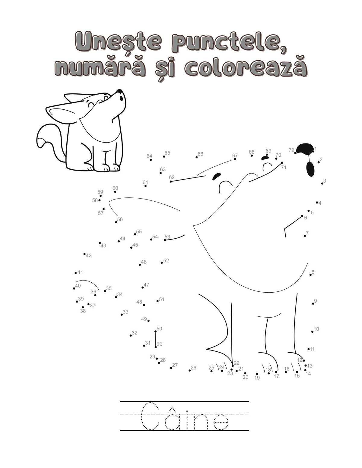 Activitate PDF imprimabilă pentru copii: unește punctele în ordine, colorează animalul și trasează denumirea – Cotomag