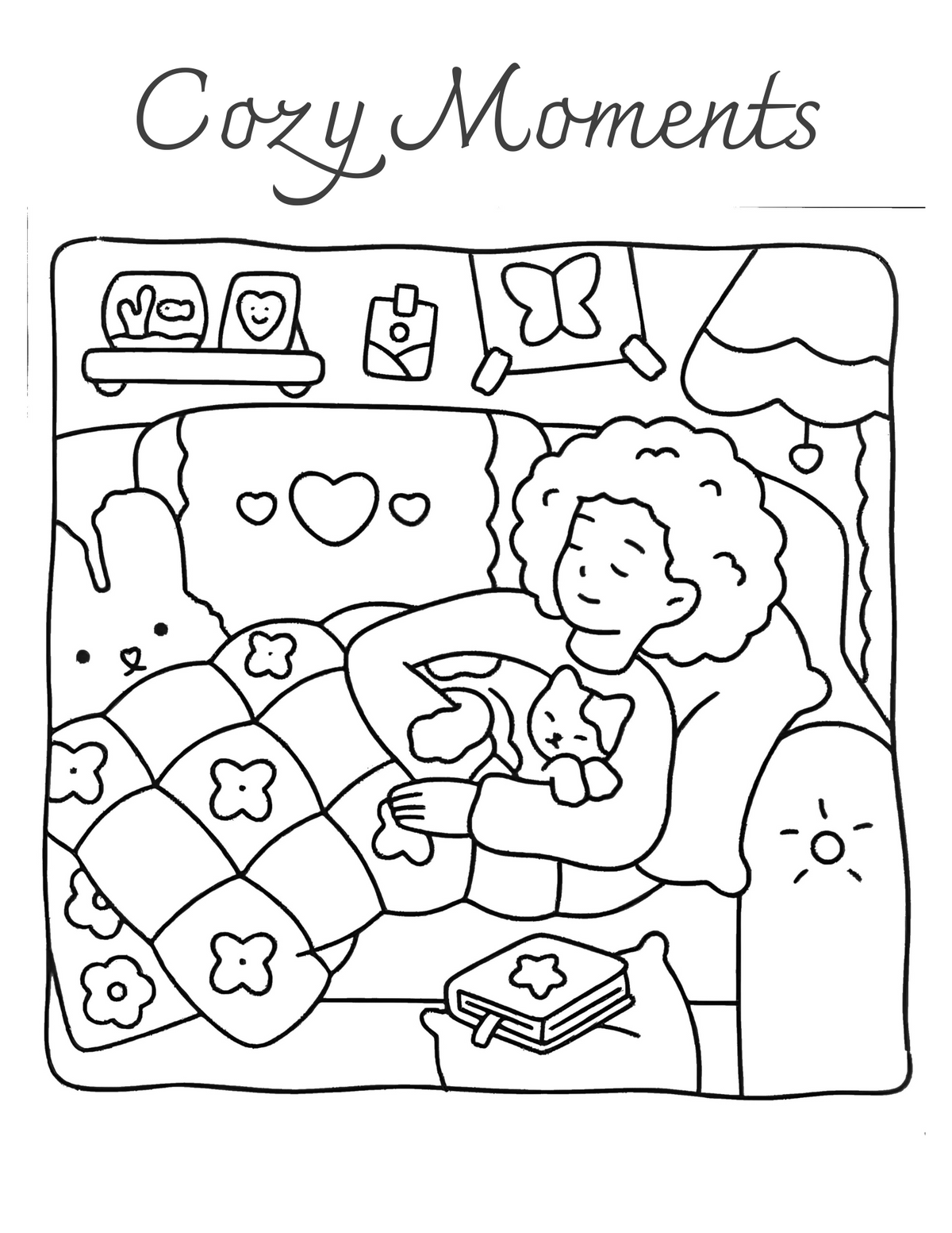 Interiorul cărții Cozy Moments – Activități Relaxante: Artă Terapeutică PDF, cu ilustrații cozy imprimabile pentru colorat – Cotomag