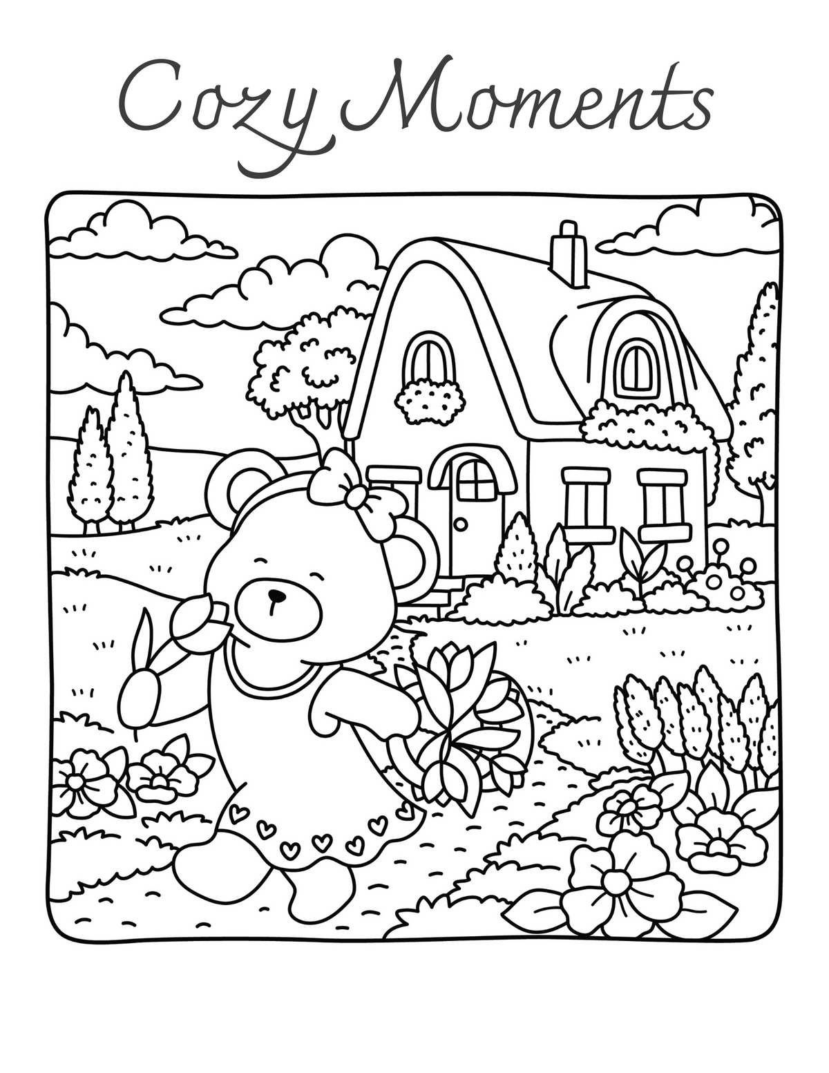 Interiorul cărții Cozy Moments – Animale Drăgălașe PDF, cu ilustrații imprimabile de animale și scene cozy de colorat – Cotomag