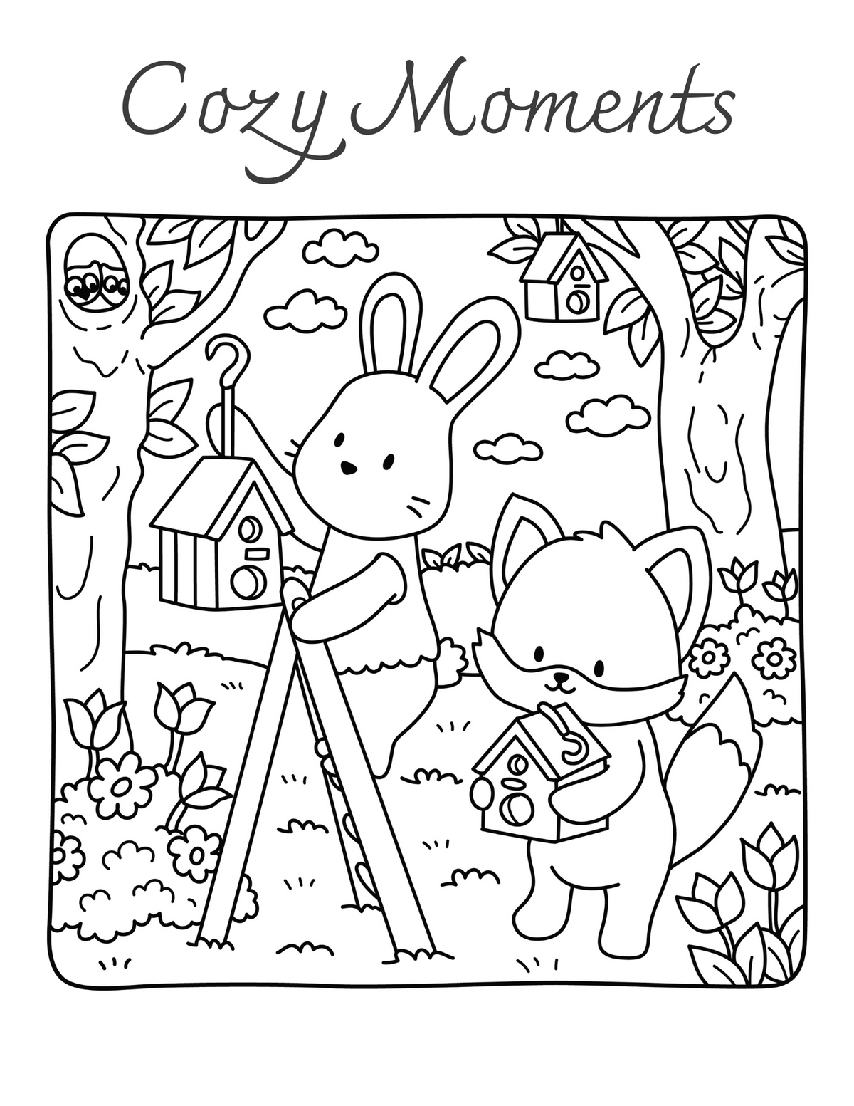 Interiorul cărții Cozy Moments – Animale Drăgălașe PDF, cu ilustrații imprimabile de animale și scene cozy de colorat – Cotomag