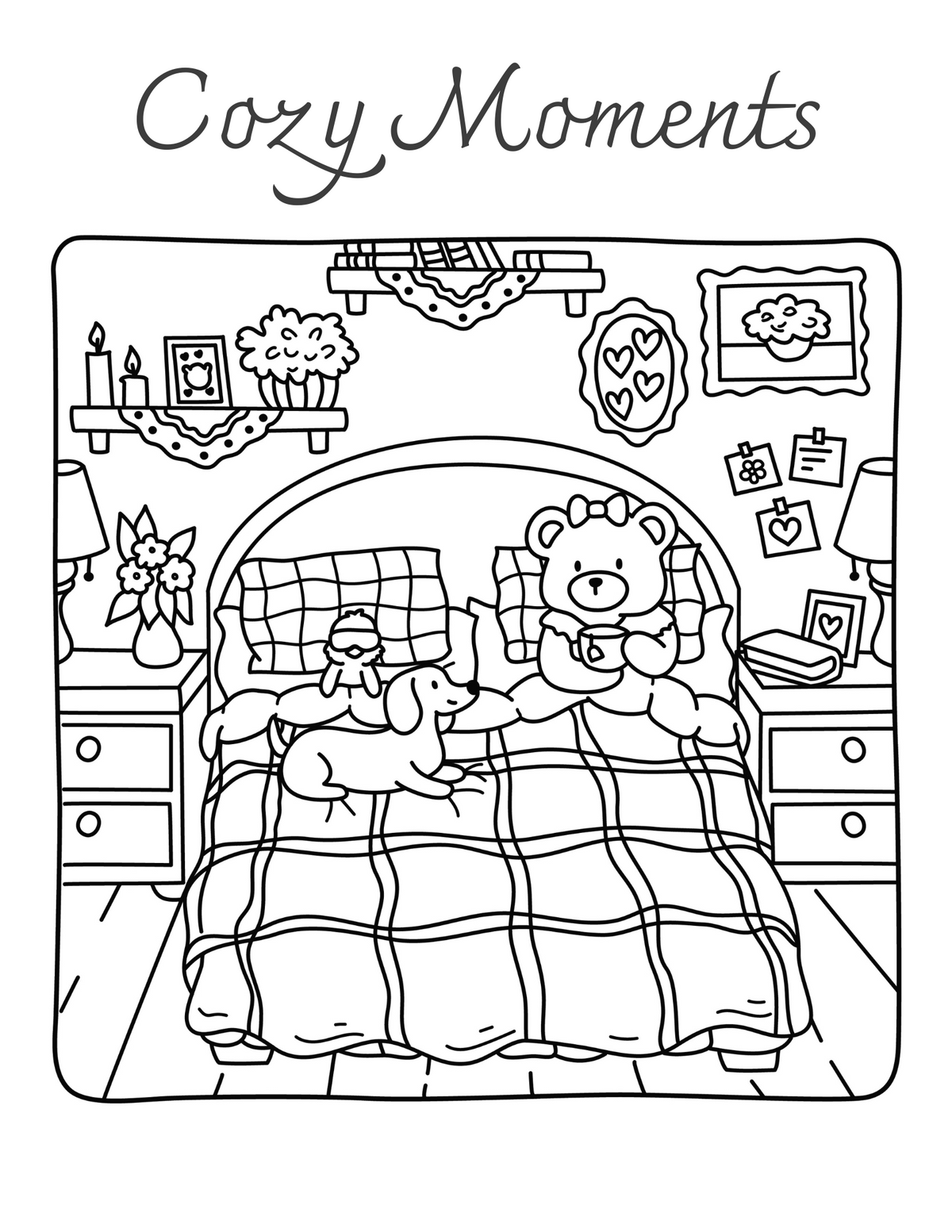 Interiorul cărții Cozy Moments – Animale Drăgălașe PDF, cu ilustrații imprimabile de animale și scene cozy de colorat – Cotomag