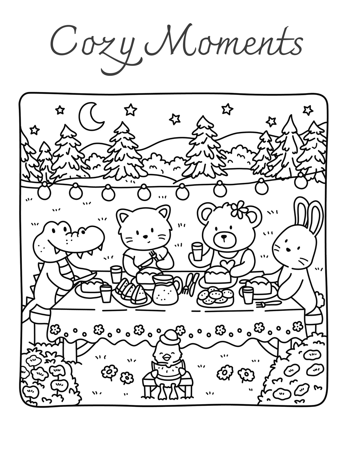 Interiorul cărții Cozy Moments – Animale Drăgălașe PDF, cu ilustrații imprimabile de animale și scene cozy de colorat – Cotomag