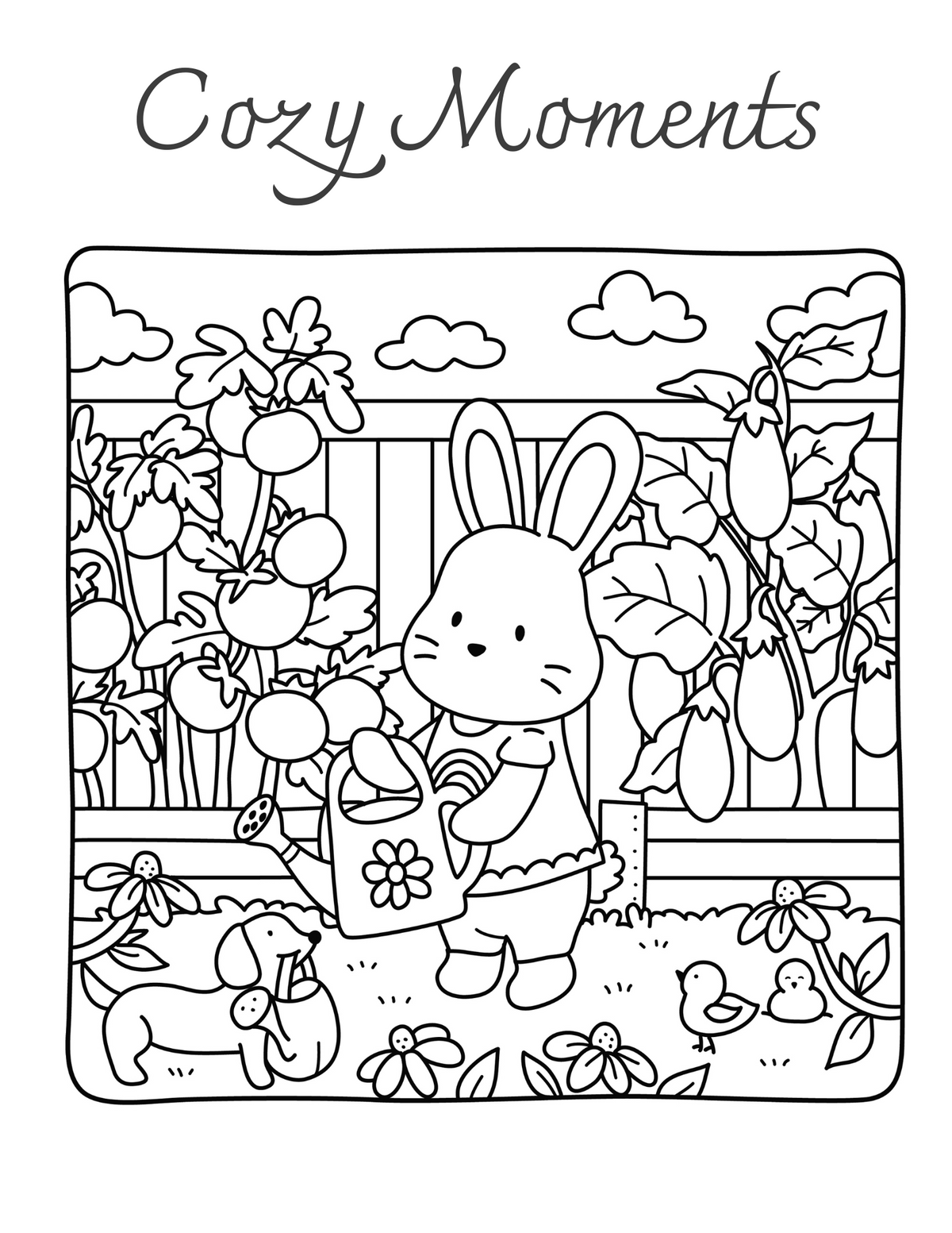 Interiorul cărții Cozy Moments – Animale Drăgălașe PDF, cu ilustrații imprimabile de animale și scene cozy de colorat – Cotomag