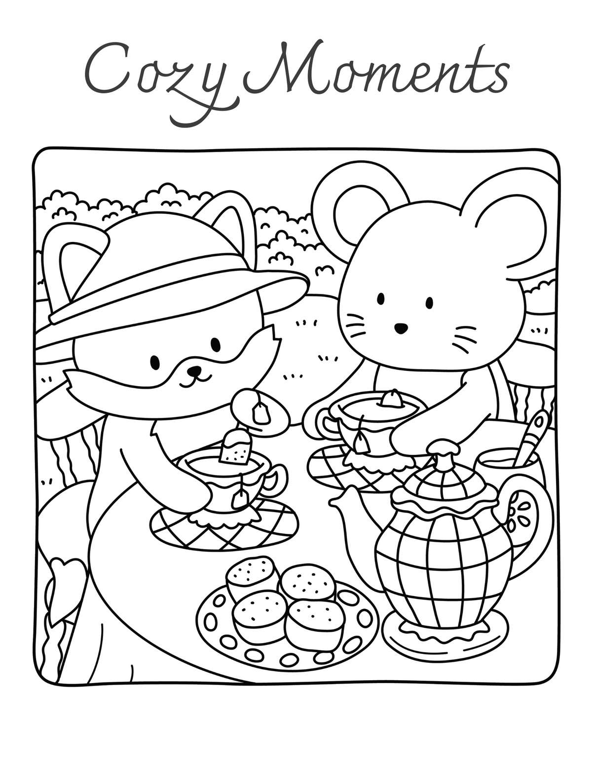 Interiorul cărții Cozy Moments – Animale Drăgălașe PDF, cu ilustrații imprimabile de animale și scene cozy de colorat – Cotomag