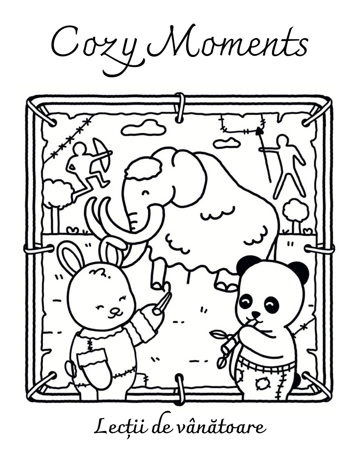 Interiorul cărții Cozy Moments – Povești Misterioase din Epoca de Piatră PDF, cu animale preistorice și scene cozy imprimabile – Cotomag