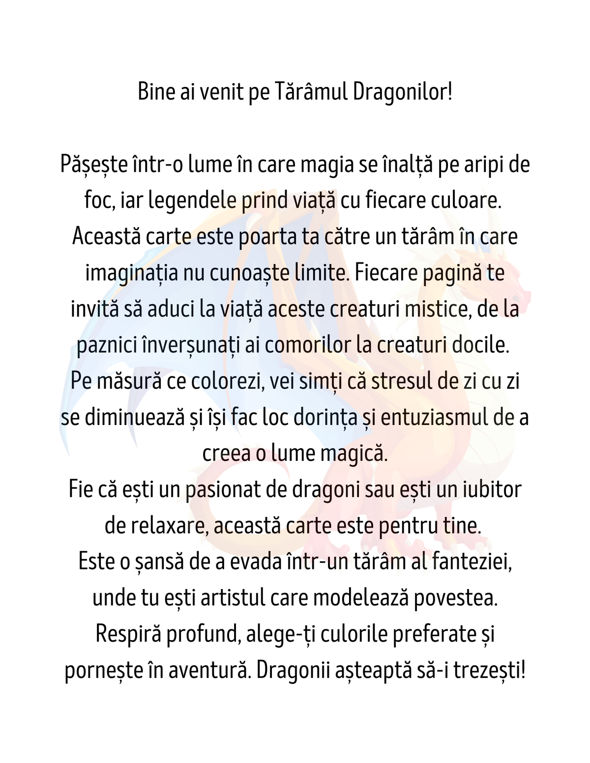 Interior carte de colorat PDF cu dragon fantasy, planșă A4 imprimabilă pentru relaxare, creativitate și activitate anti-stres – Cotomag