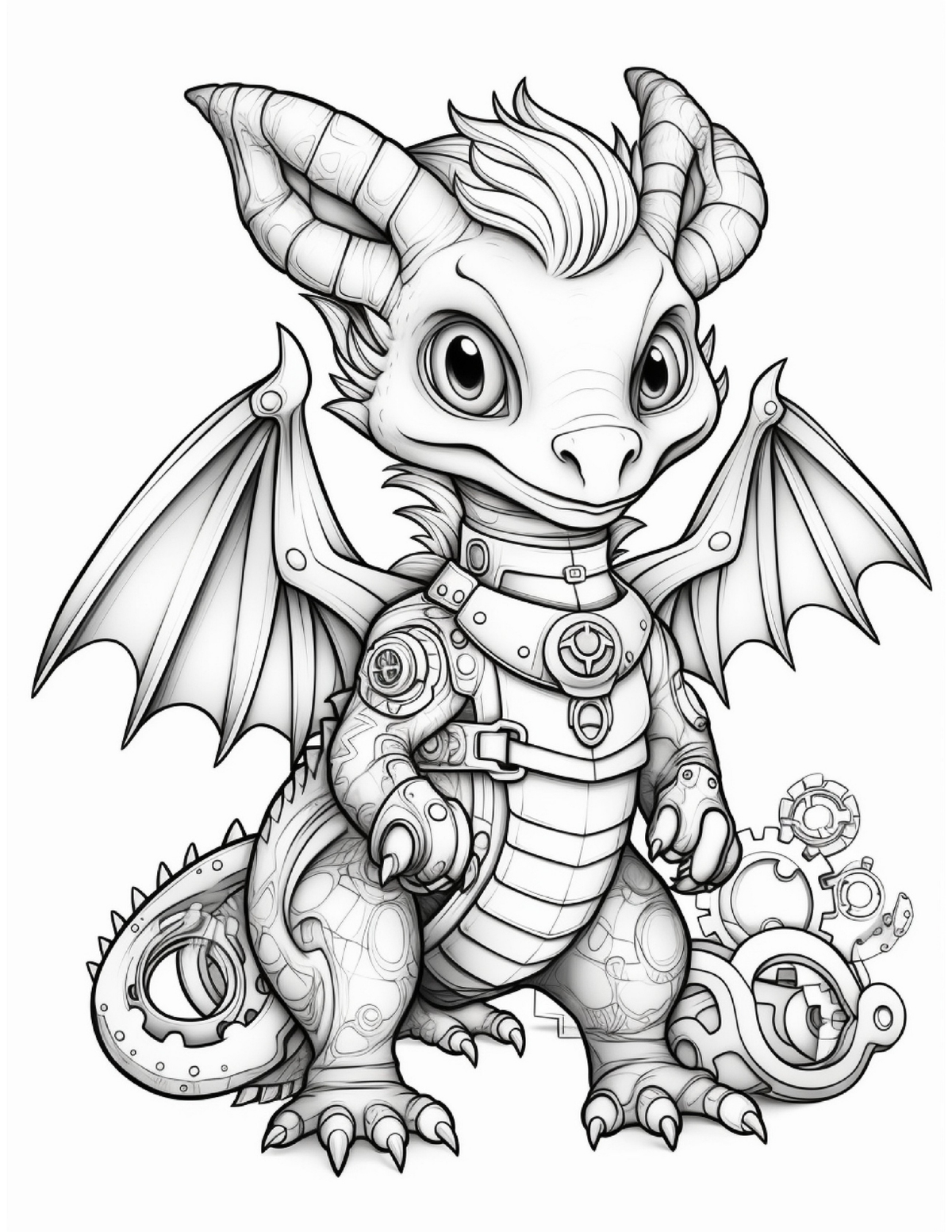 Interior carte de colorat PDF cu dragon fantasy, planșă A4 imprimabilă pentru relaxare, creativitate și activitate anti-stres – Cotomag