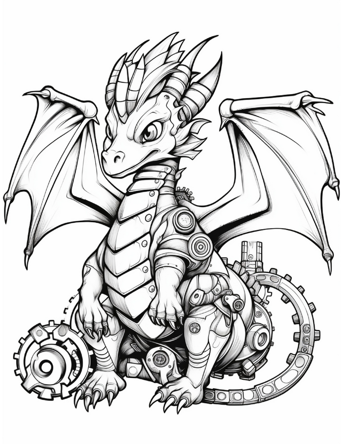 Interior carte de colorat PDF cu dragon fantasy, planșă A4 imprimabilă pentru relaxare, creativitate și activitate anti-stres – Cotomag