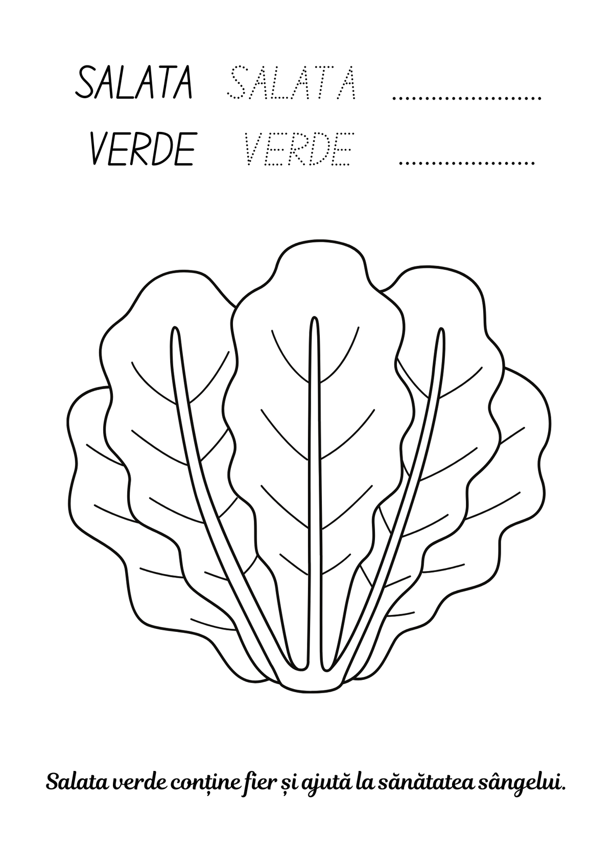Interiorul cărții Legume și Verdețuri Sănătoase PDF, cu legume și verdețuri de colorat, exerciții de scriere și întrebări pentru copii – Cotomag