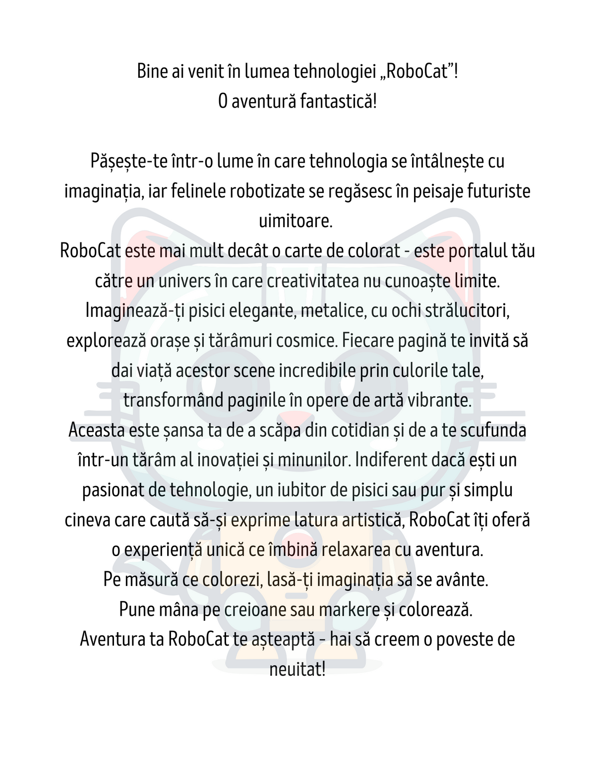Interior carte de colorat PDF pentru adulți, cu pisică futuristă și elemente science-fiction, pentru relaxare și activitate anti-stres – Cotomag