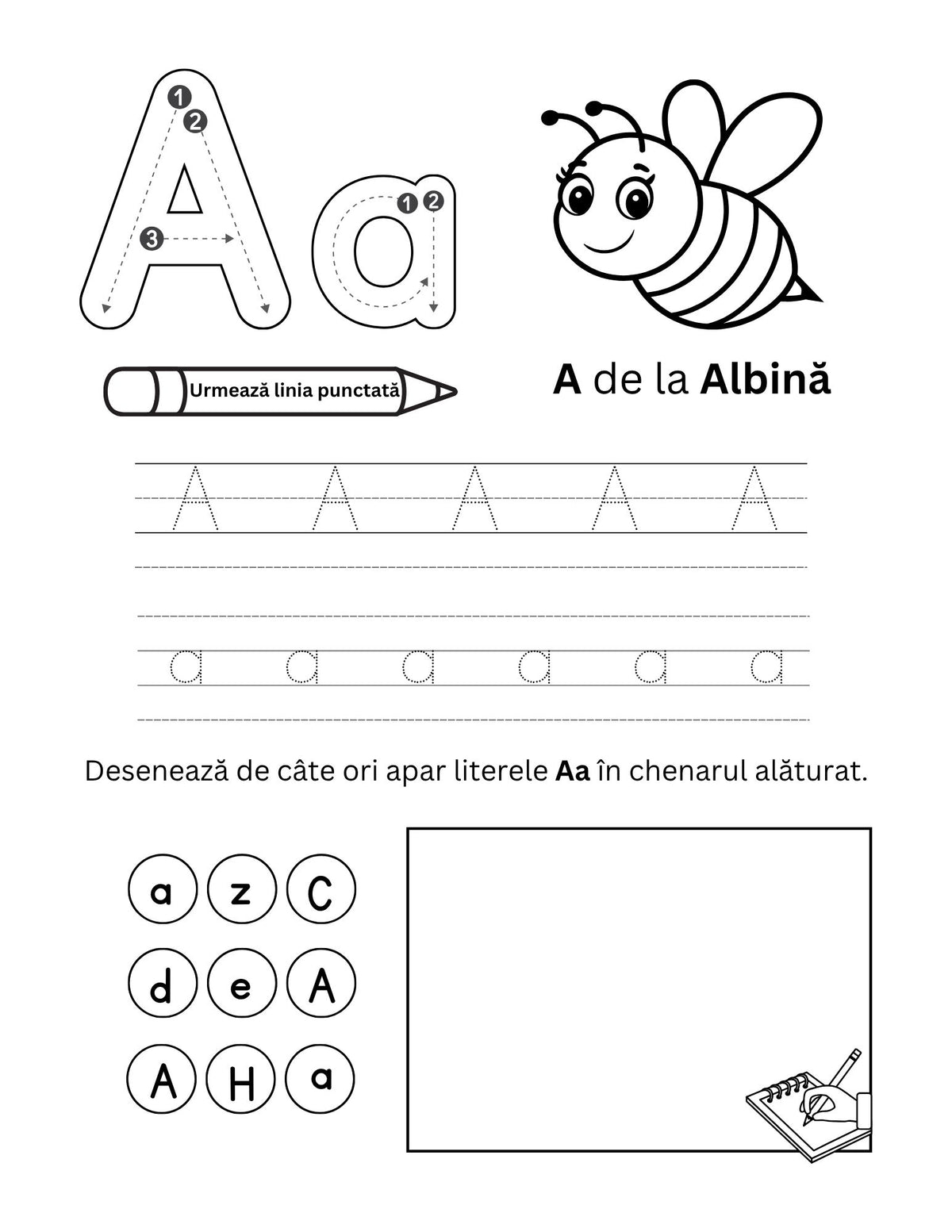 Interior carte cu activități PDF despre alfabet, cu trasarea literelor mari și mici, labirinturi, asociere imagine-cuvânt și exerciții imprimabile – Cotomag