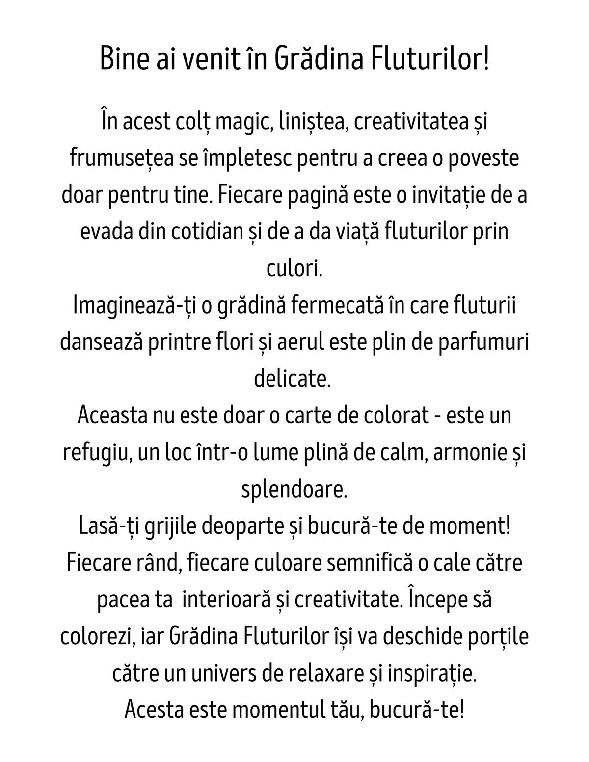 Interior carte de colorat PDF pentru relaxare, cu planșă imprimabilă despre fluturi și grădini înflorite – Cotomag