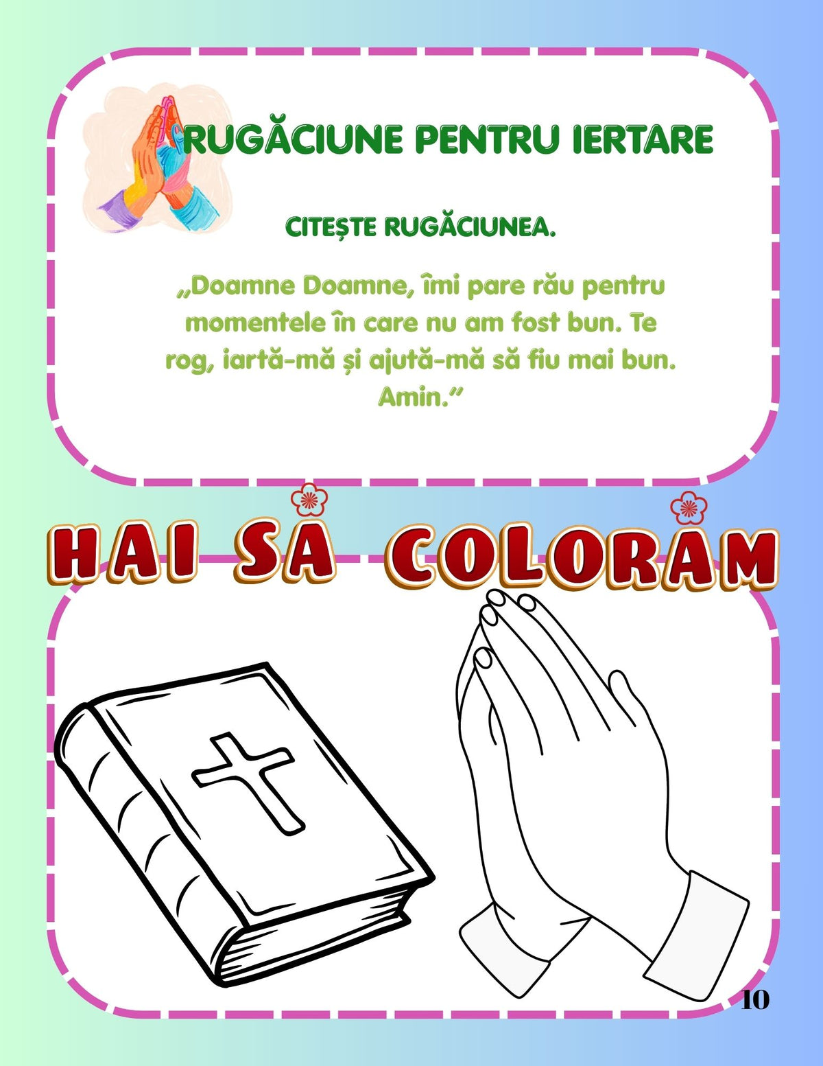 Interior carte de rugăciuni PDF pentru copii, cu rugăciuni simple, activități creative și planșe de colorat imprimabile – Cotomag