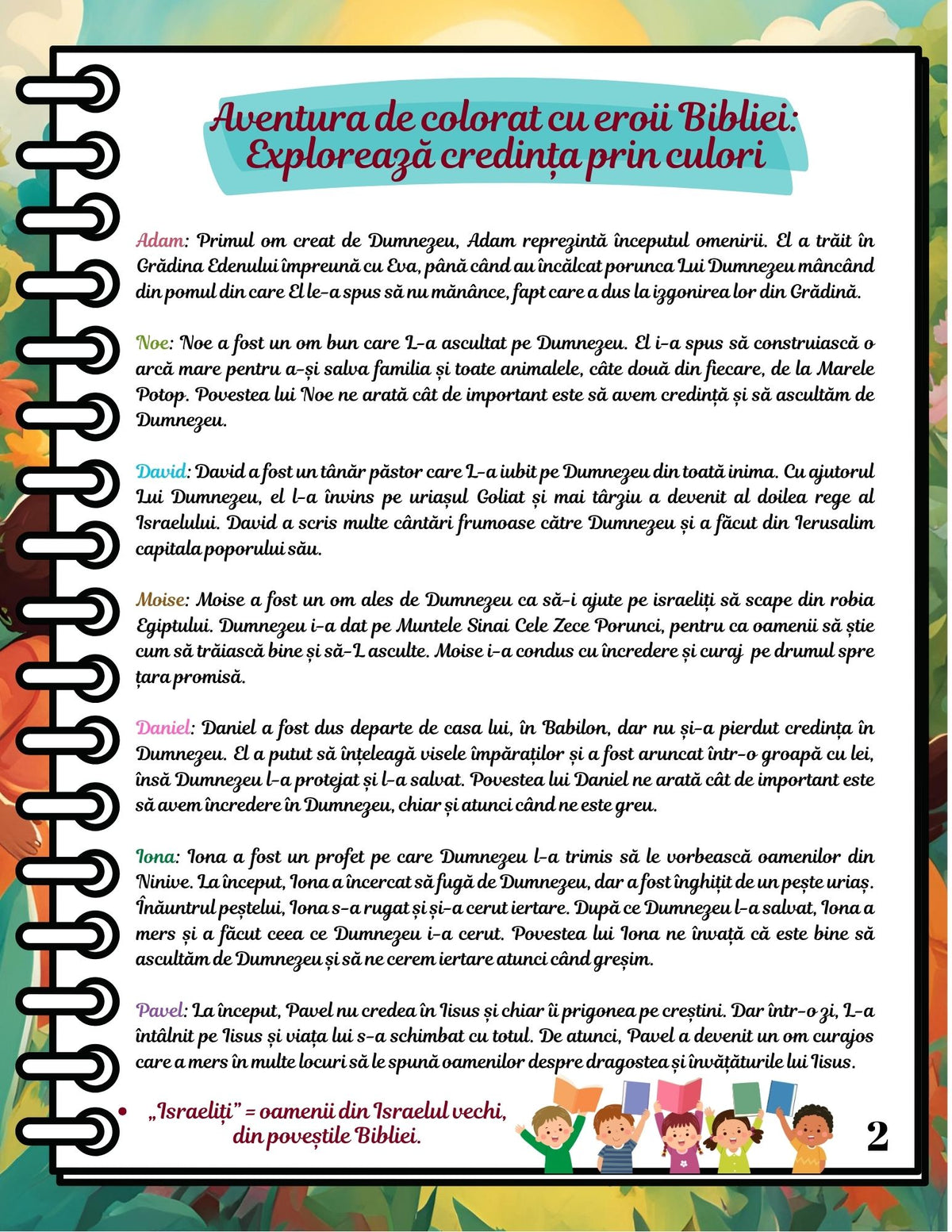 Interior carte PDF despre eroii Bibliei pentru copii, cu povești biblice, exerciții educative și pagini de colorat imprimabile – Cotomag