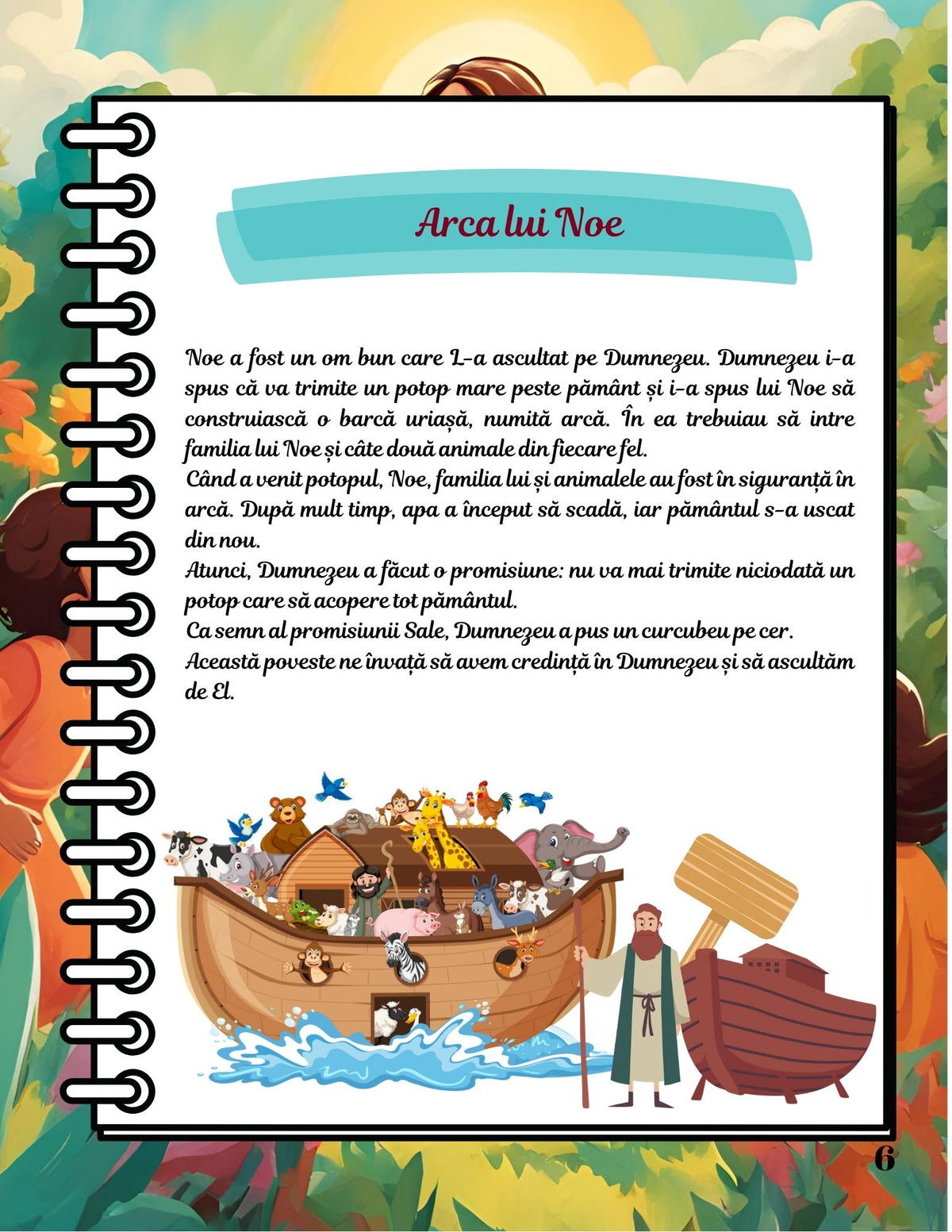 Interior carte PDF despre eroii Bibliei pentru copii, cu povești biblice, exerciții educative și pagini de colorat imprimabile – Cotomag