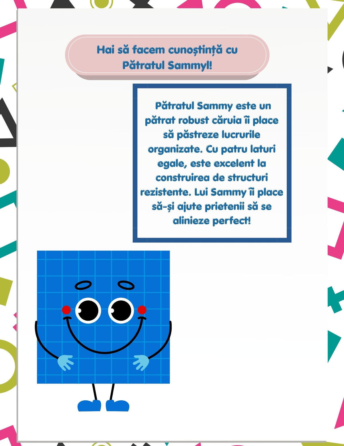 Interior carte PDF pentru copii, cu activități imprimabile de recunoaștere, asociere și colorare a formelor geometrice – Cotomag
