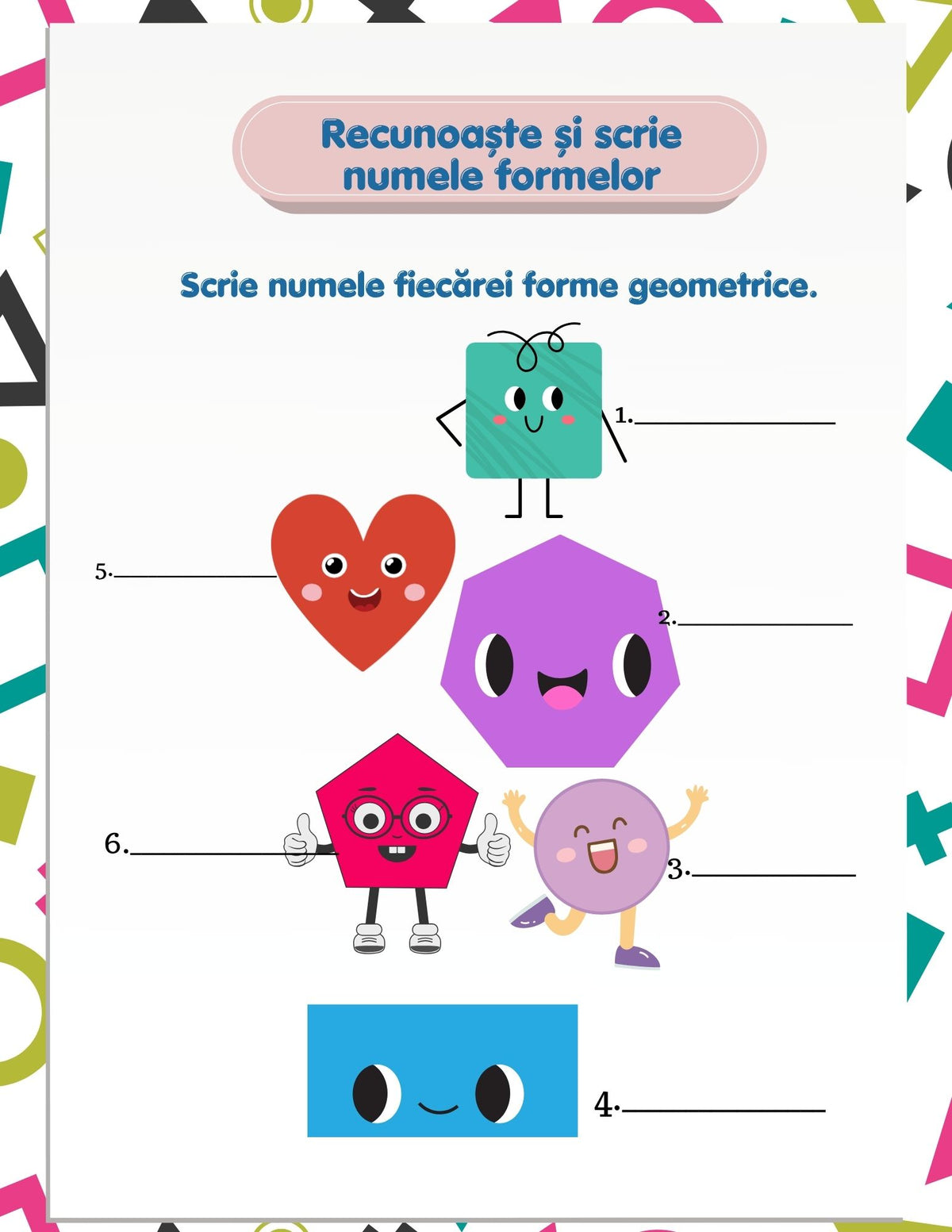 Interior carte PDF pentru copii, cu activități imprimabile de recunoaștere, asociere și colorare a formelor geometrice – Cotomag