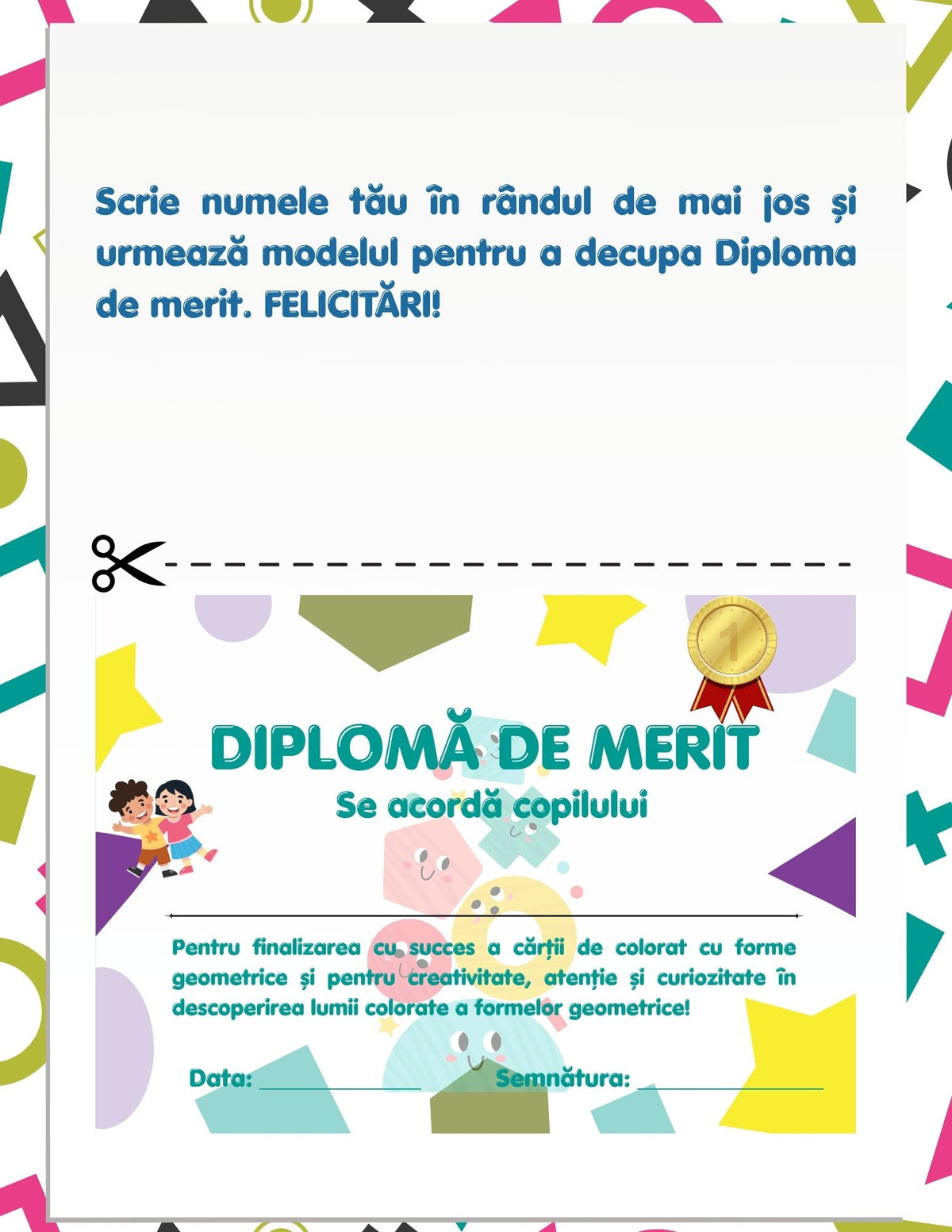 Interior carte PDF pentru copii, cu activități imprimabile de recunoaștere, asociere și colorare a formelor geometrice – Cotomag