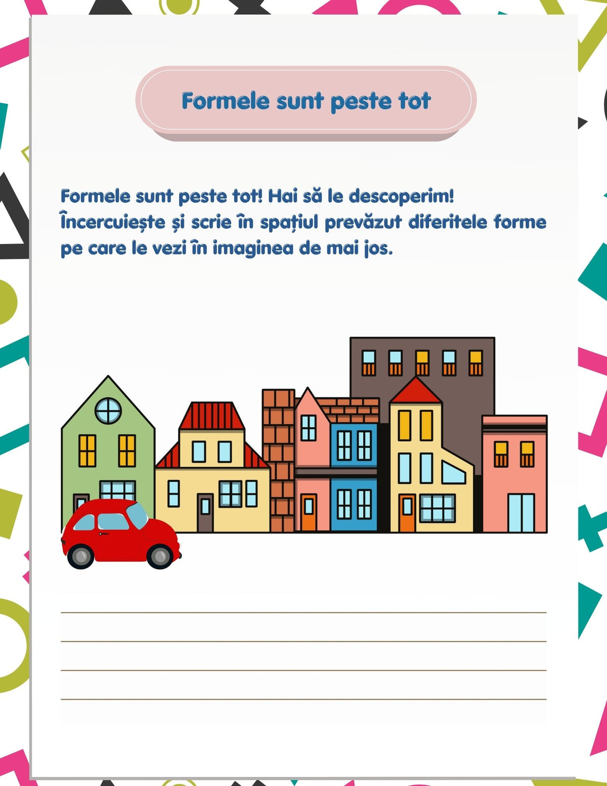 Interior carte PDF pentru copii, cu activități imprimabile de recunoaștere, asociere și colorare a formelor geometrice – Cotomag