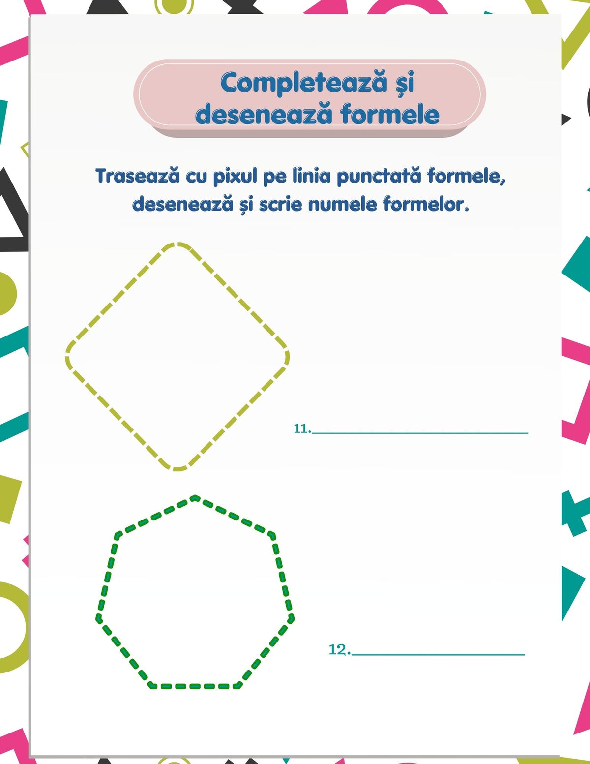 Interior carte PDF pentru copii, cu activități imprimabile de recunoaștere, asociere și colorare a formelor geometrice – Cotomag
