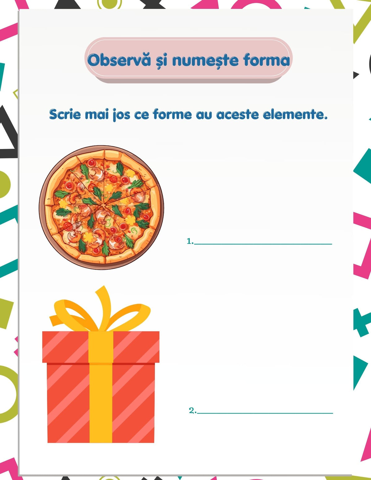 Interior carte PDF pentru copii, cu activități imprimabile de recunoaștere, asociere și colorare a formelor geometrice – Cotomag