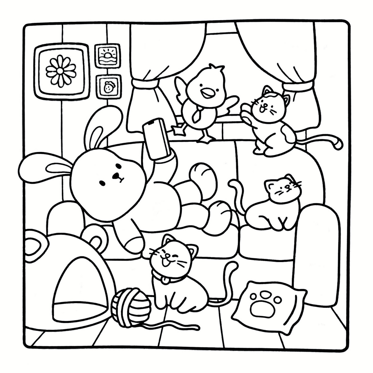 Interior Cozy Animals PDF, cu ilustrații de colorat cu animale, așezate pe o singură parte a filei, cu verso liber – Cotomag