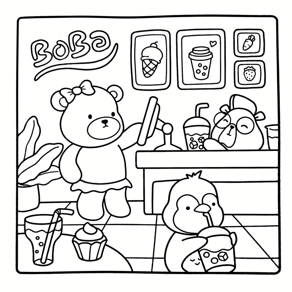 Interior Cozy Animals PDF, cu ilustrații de colorat cu animale, așezate pe o singură parte a filei, cu verso liber – Cotomag