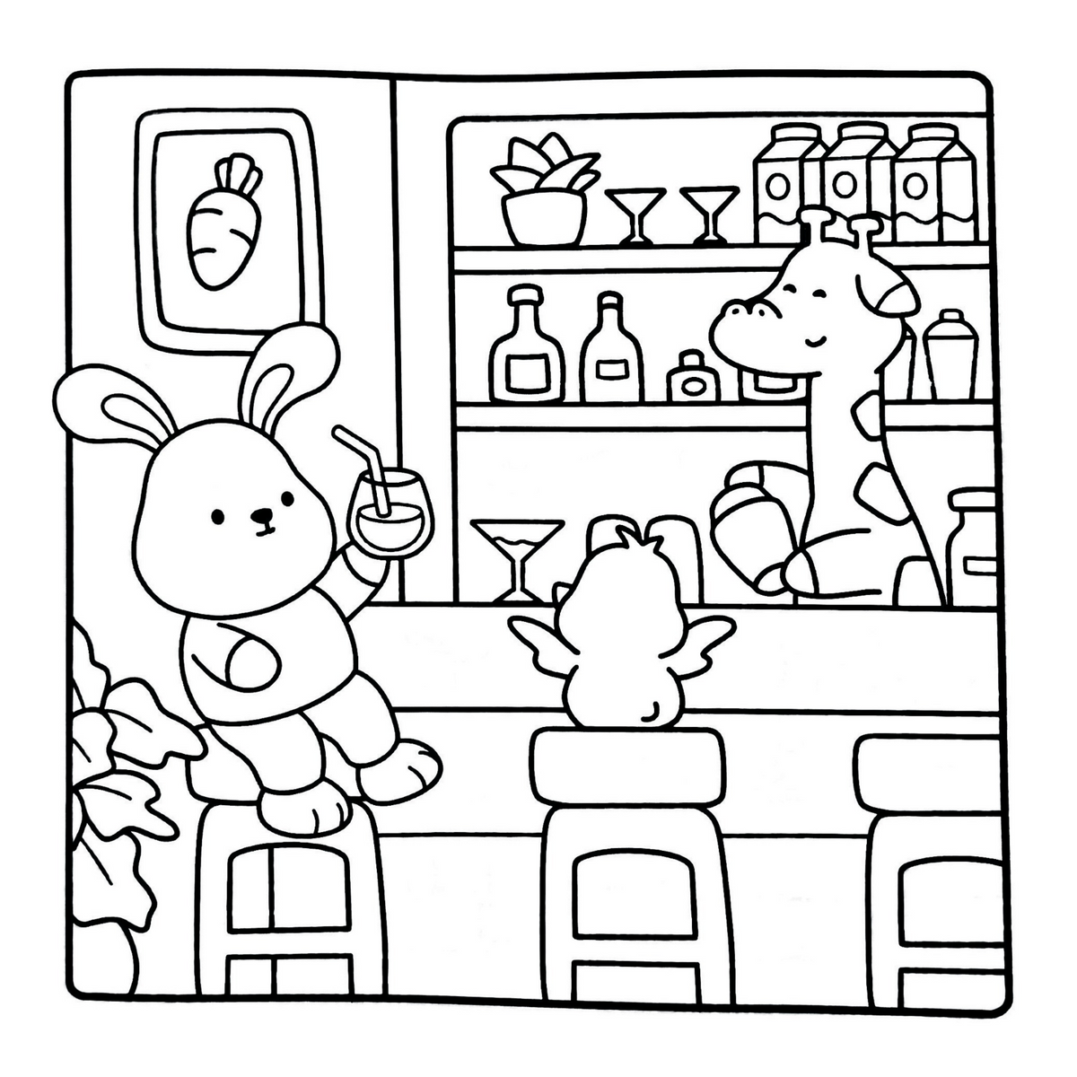 Interior Cozy Animals PDF, cu ilustrații de colorat cu animale, așezate pe o singură parte a filei, cu verso liber – Cotomag