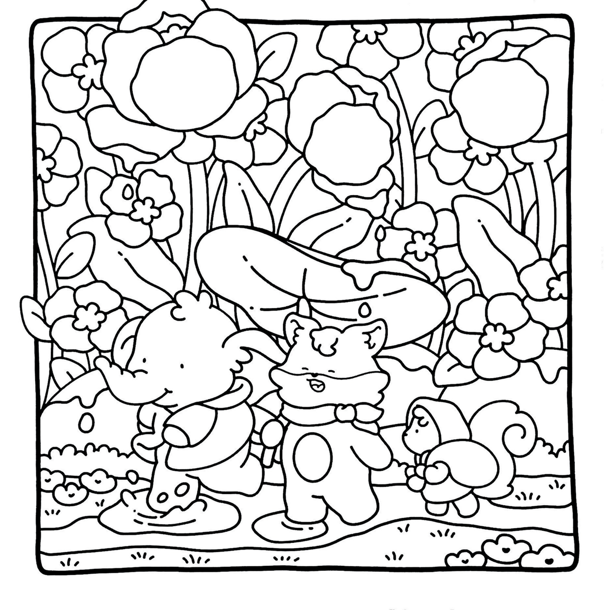 Interiorul cărții Cozy Little Friends PDF, cu ilustrații de colorat cu animale, așezate pe o singură parte a filei, cu verso liber – Cotomag