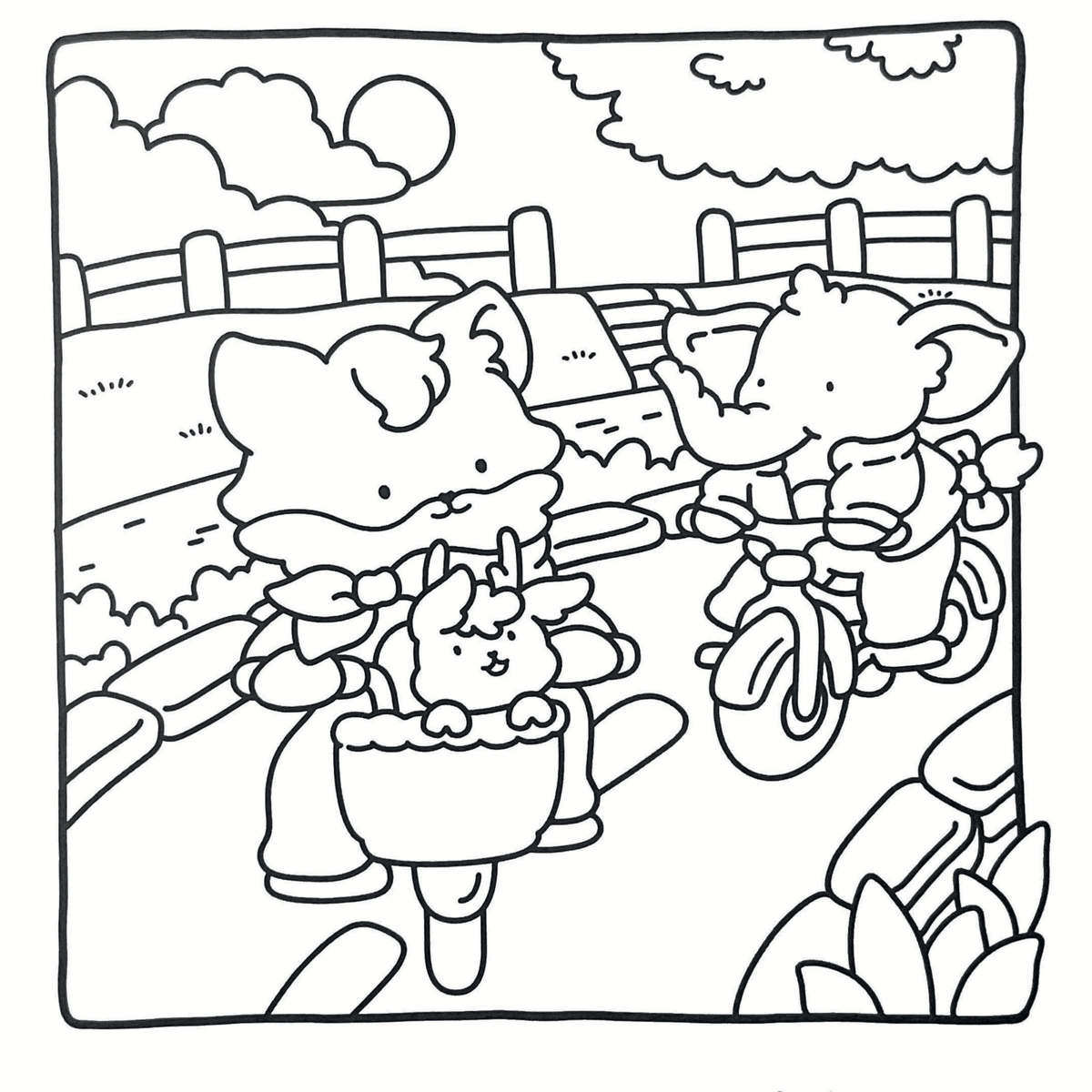 Interiorul cărții Cozy Little Friends PDF, cu ilustrații de colorat cu animale, așezate pe o singură parte a filei, cu verso liber – Cotomag