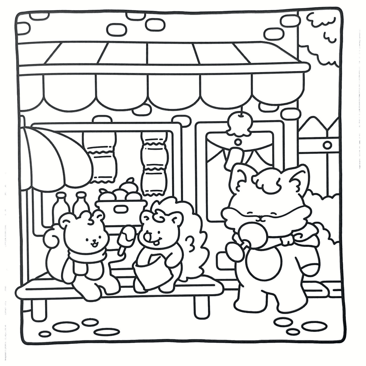 Interiorul cărții Cozy Little Friends PDF, cu ilustrații de colorat cu animale, așezate pe o singură parte a filei, cu verso liber – Cotomag