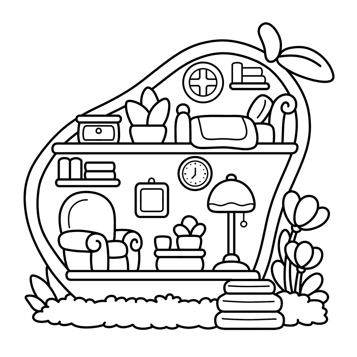 Interiorul cărții Cozy Space PDF, cu 37 de ilustrații cozy imprimabile, așezate pe o singură parte a filei, în format pătrat 21 × 21 cm – Cotomag