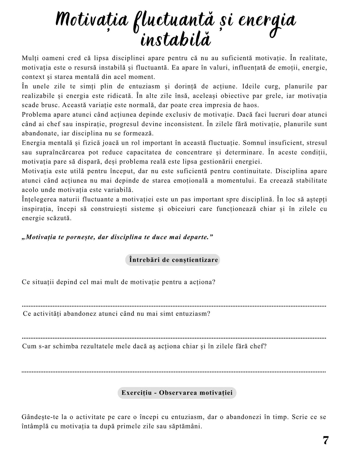 Interior Jurnalul Activează-ți Motivația PDF – exerciții și tehnici pentru disciplină și reducerea procrastinării, cotomag.ro