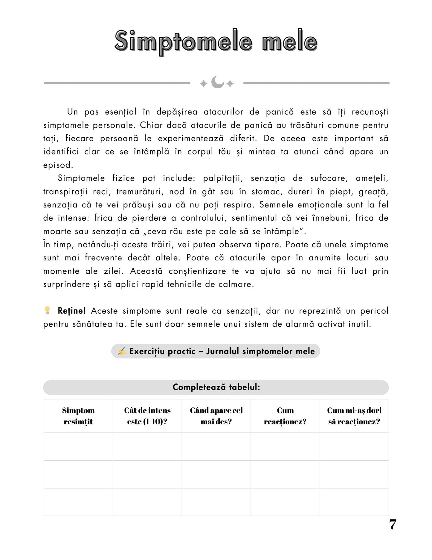 Interior Jurnal pentru Atacuri de Panică PDF – exerciții practice pentru calmare și recăpătarea controlului, cotomag.ro