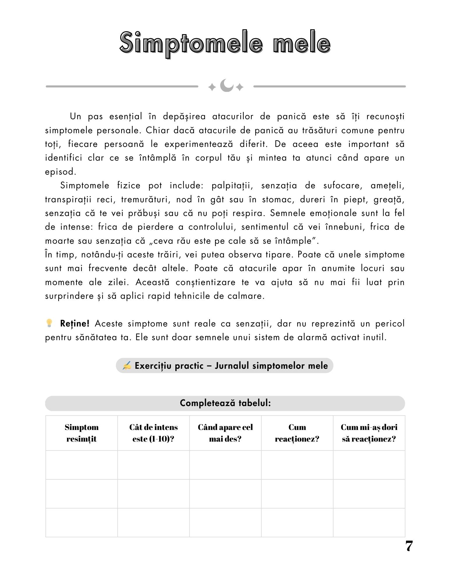 Interior Jurnal pentru Atacuri de Panică PDF – exerciții practice pentru calmare și recăpătarea controlului, cotomag.ro