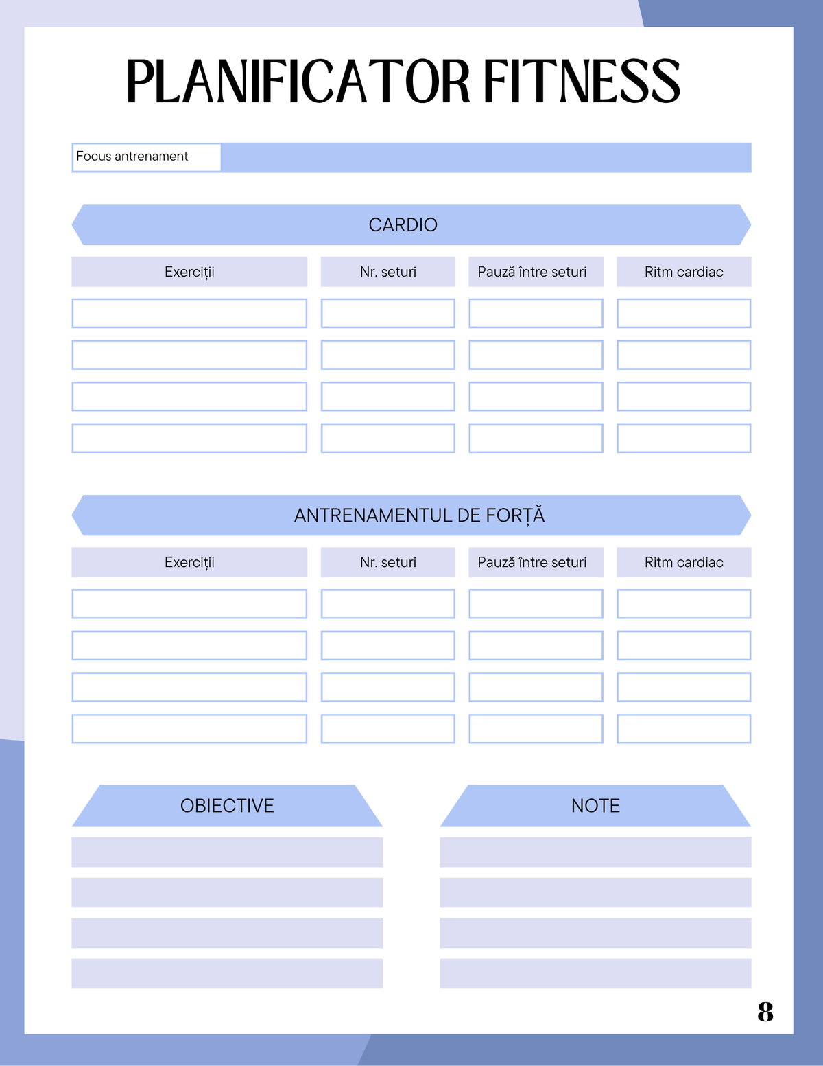 Interior Jurnalul de Fitness PDF – planificare antrenamente și spațiu pentru monitorizarea progresului fizic, cotomag.ro