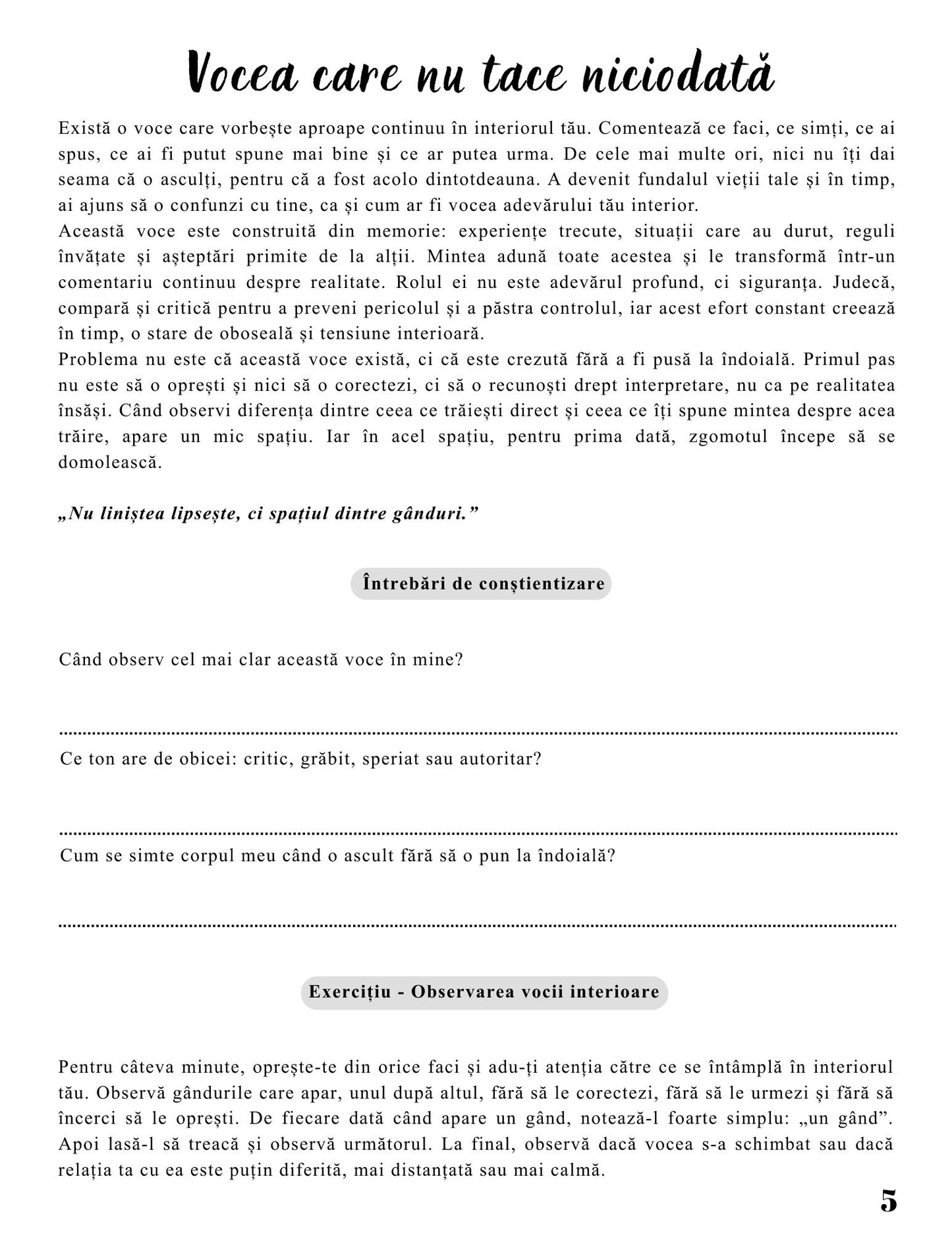 Interior Jurnalul Gândurilor Mele PDF – exerciții practice pentru reducerea overthinking-ului și organizarea gândurilor pentru claritate și liniște mentală, cotomag.ro