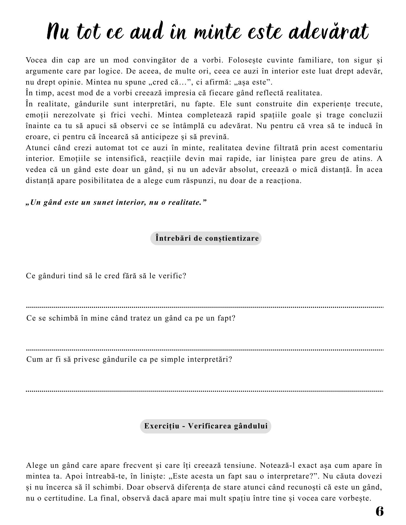 Interior Jurnalul Gândurilor Mele PDF – exerciții practice pentru reducerea overthinking-ului și organizarea gândurilor pentru claritate și liniște mentală, cotomag.ro