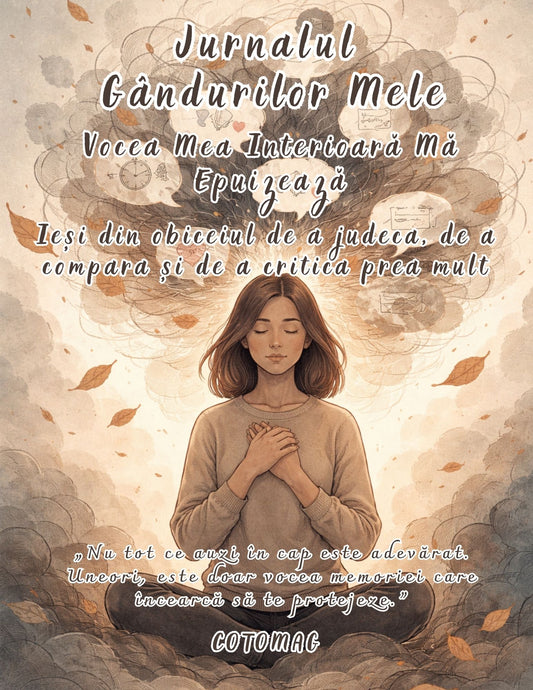 Jurnalul Gândurilor Mele PDF – Vocea Mea Interioară Mă Epuizează, jurnal digital pentru reducerea overthinking-ului și recăpătarea liniștii mentale în română, cotomag.ro