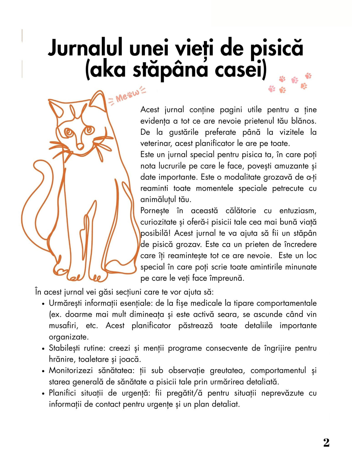 Interior Jurnalul de Îngrijire al Pisicii Tale PDF – pagini pentru monitorizarea sănătății, alimentației și comportamentului, cotomag.ro