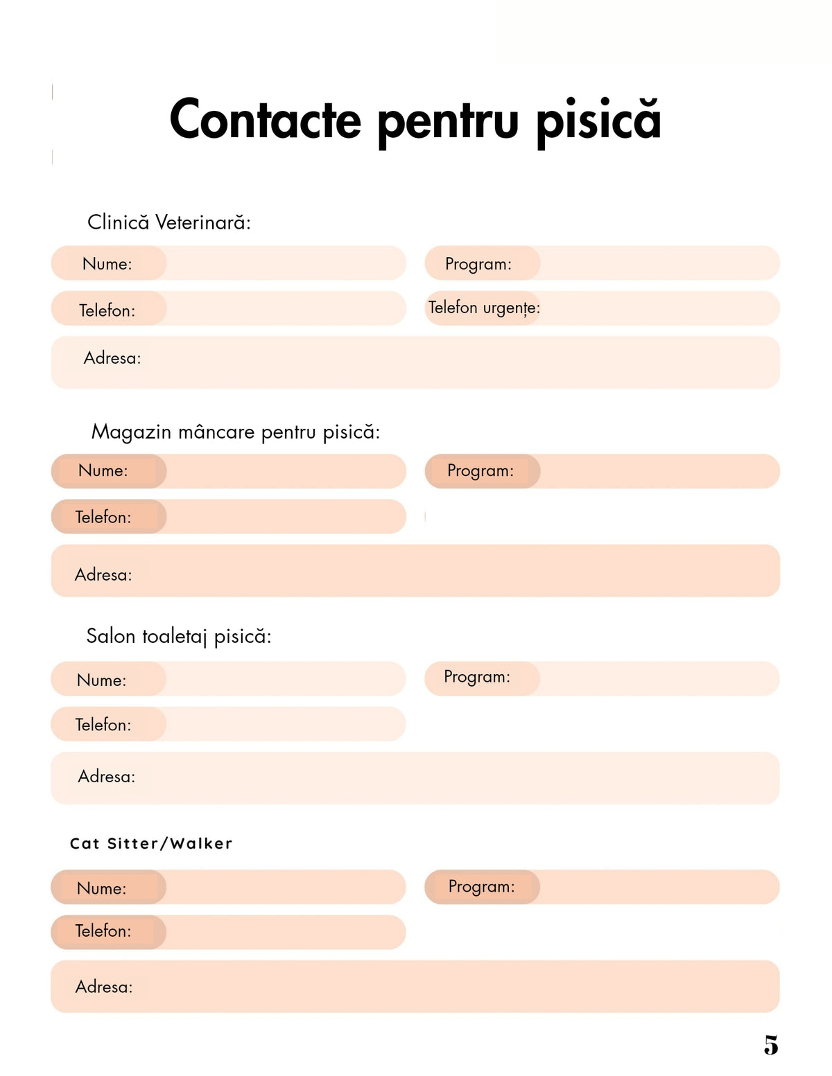 Interior Jurnalul de Îngrijire al Pisicii Tale PDF – pagini pentru monitorizarea sănătății, alimentației și comportamentului, cotomag.ro