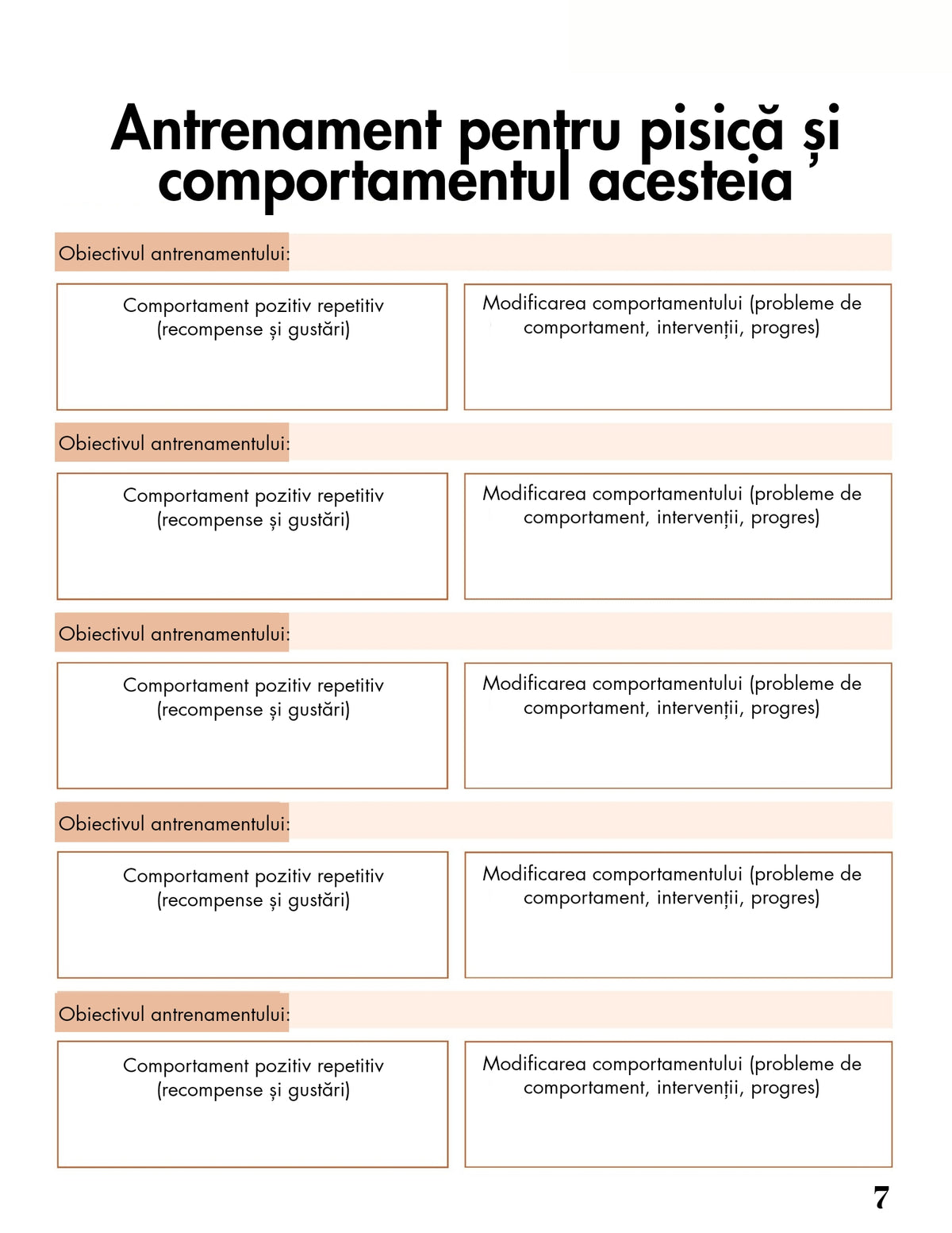 Interior Jurnalul de Îngrijire al Pisicii Tale PDF – pagini pentru monitorizarea sănătății, alimentației și comportamentului, cotomag.ro